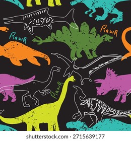 Colorful Dinosaur Seamless Pattern on Black Background for Kids Fabric and Wallpaper