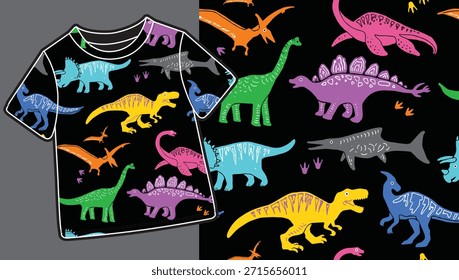 Colorful Dinosaur Seamless Pattern on Black Background for Kids Clothing and Fabric