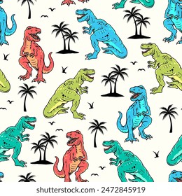 Colorful dinosaur seamless pattern with T-Rex illustrations, palm trees, and birds. Perfect for children's textiles, wallpapers, and playful designs. Vibrant, fun, and eye-catching.