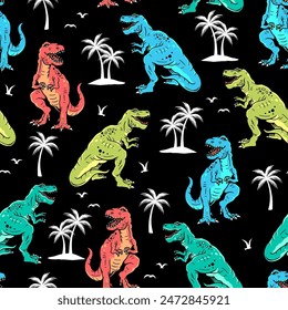 Colorful dinosaur seamless pattern with T-Rex illustrations, palm trees, and birds. Perfect for children's textiles, wallpapers, and playful designs. Vibrant, fun, and eye-catching.