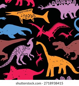 Patrón de silueta de dinosaurio colorido sobre fondo negro