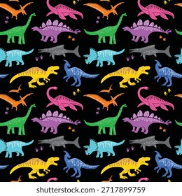 Modelo inconsútil colorido de la silueta del dinosaurio en el fondo negro para la moda y el diseño textil