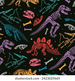 Colorful Dinosaur skeletons. Various bones of prehistoric creatures. Hand drawn modern Vector illustration. Museum, fossil, archaeological finds, paleontology concept. Square seamless Pattern