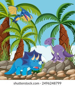 Colorful dinosaurs among palm trees and rocks