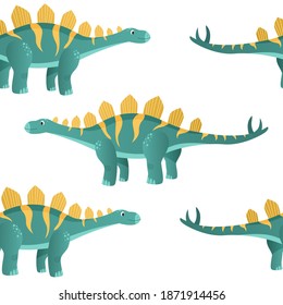Colorful dinosaurs cartoon character illustration. Cute cartoon Jurassic dinosaur. Seamless patterns are depicted on a white background. Vector illustration