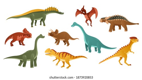 Colorful dinosaurs cartoon character illustration. Jurassic dinosaurs are depicted on a white background. Vector illustration
