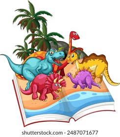 Colorful dinosaurs coming out of an open book