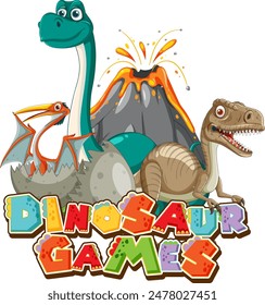 Colorful dinosaurs with erupting volcano background