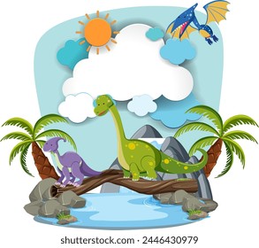 Colorful dinosaurs with a flying pterosaur overhead.