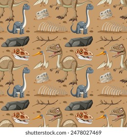 Colorful dinosaurs and fossils on a brown background