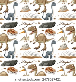 Colorful dinosaurs and fossils in seamless pattern