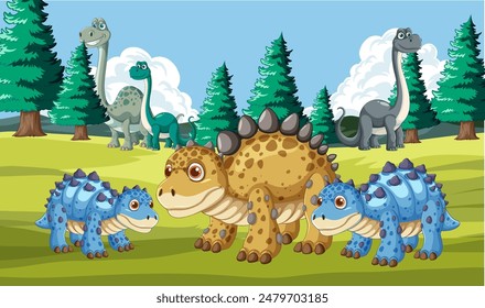 Colorful dinosaurs in a lush forest setting