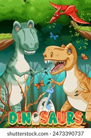 Colorful dinosaurs in a lush, vibrant forest