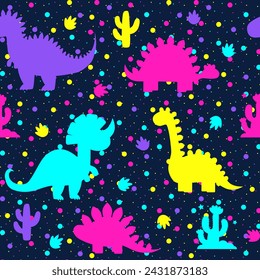 Colorful dinosaurs on a dark background. Seamless pattern. Vector illustration