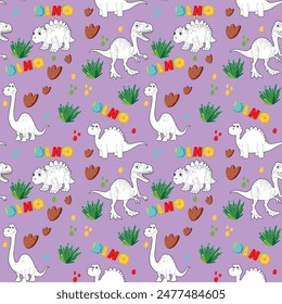 Colorful dinosaurs and plants on a purple background