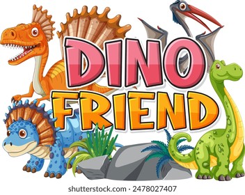 Colorful dinosaurs with playful expressions and nature elements