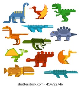 Colorful dinosaurs with pterodactyls, tyrannosaurus rex, brontosaurus, velociraptor, stegosaurus and prehistoric aquatic reptiles. Great for dino mascot, t-shirt print or children book design 