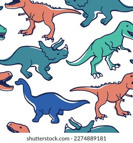 Colorful Dinosaurs seamless pattern. Dinosaurs vector print.Fun t-shirt design for kids. Cute Dinosaur character design.