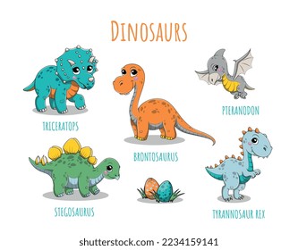 Un conjunto de dinosaurios coloridos. Colección de stickers para redes sociales. Animales antes de nuestra era, arqueología. Elementos gráficos para el sitio web. Ilustraciones de caricaturas de vectores planos aisladas en fondo blanco