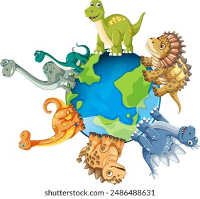 Colorful dinosaurs standing on a globe