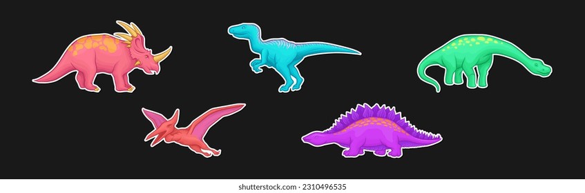 Colorful Dinosaurs Sticker Collection Isolated on Black Background Vector Set