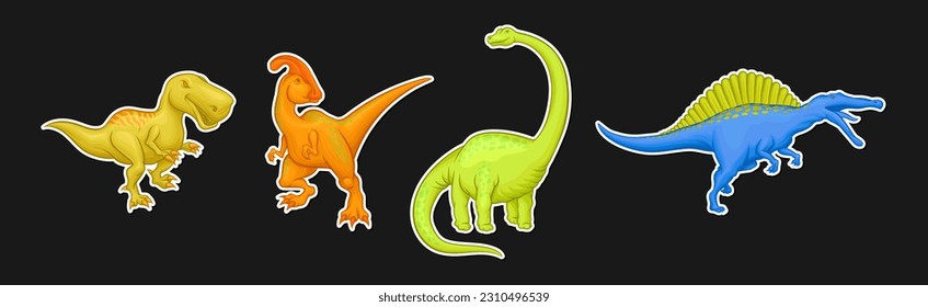 Colorful Dinosaurs Sticker Collection Isolated on Black Background Vector Set