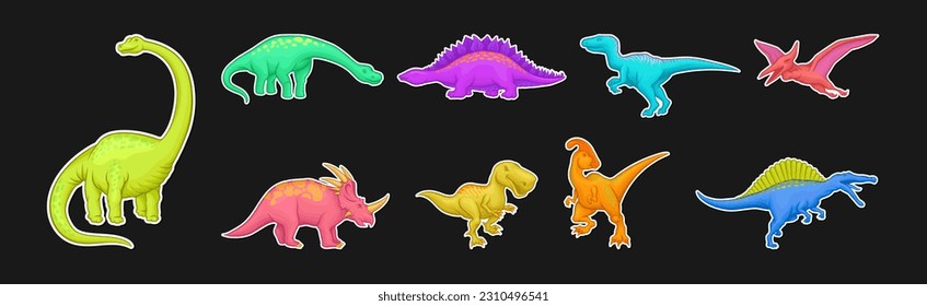 Colorful Dinosaurs Sticker Collection Isolated on Black Background Vector Set