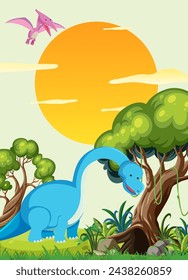 Colorful dinosaurs in a sunny prehistoric setting.