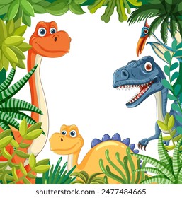 Colorful dinosaurs surrounded by lush jungle foliage