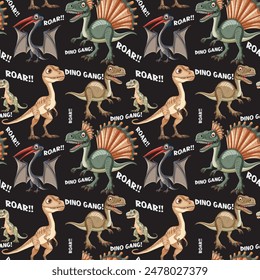 Colorful dinosaurs with text on dark background