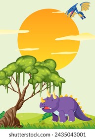 Colorful dinosaurs under a large setting sun