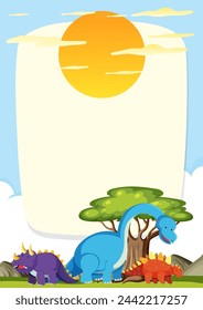 Colorful dinosaurs under a sunny sky with clouds