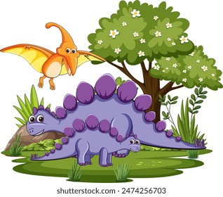 Colorful dinosaurs in a vibrant forest setting