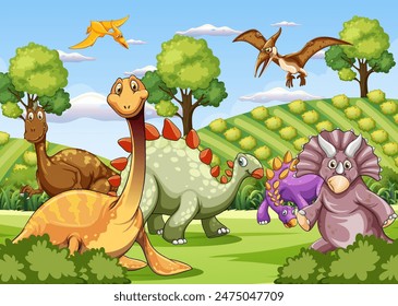 Colorful dinosaurs in a vibrant, green environment