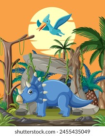 Colorful dinosaurs in a vibrant prehistoric setting