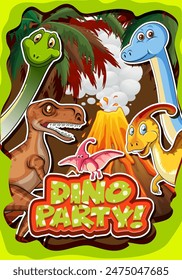 Colorful dinosaurs with a volcano background
