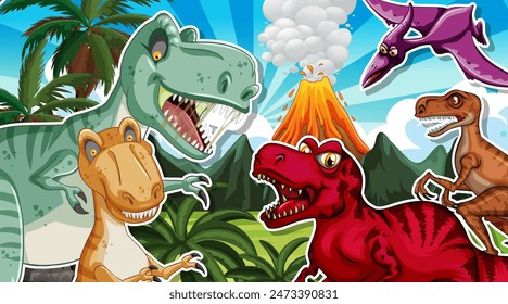 Colorful dinosaurs with volcano and palm trees