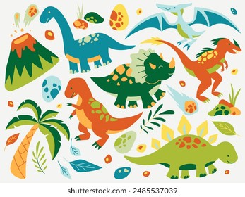 Colorful dinosaurs with a volcano scene. Illustrated in a playful flat cartoon style. Perfect for children's educational and playful designs.