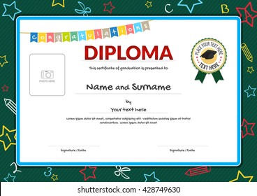 Colorful diploma certificate for kids on green chalk board with kids elements background , graduation caps ribbon seal and photo space