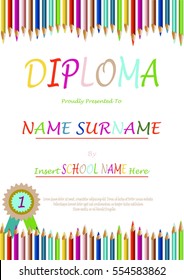 Colorful Diploma, Certificate Vector Template For Children And Schools, With Colored Pencils