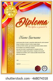 Colorful diploma template with hard frame border
in baroque style, broad ribbon collage at the top under gold plated label 