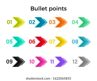 Colorful direction bullet points in shape of an arrows numbered by color from one to twelve. Isolated vector objects on white background