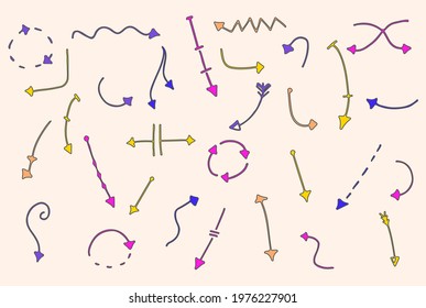 Colorful direction pointers in purple, pink and yellow colors, hand drawn arrow shapes, freehand sketchy dotted lines, doodle arrows, vector graphic set