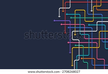 Colorful directional arrows forming a complex maze pattern on a dark background, symbolizing navigation, choices, planning, direction flow, and strategic pathways.