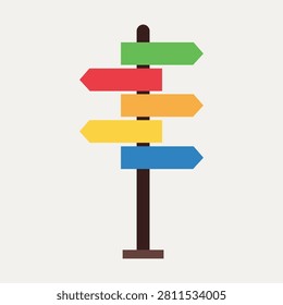 Colorful directional signpost with multiple arrows for navigation travel guidance illustration flat vector isolated on white background wayfinding information concept design