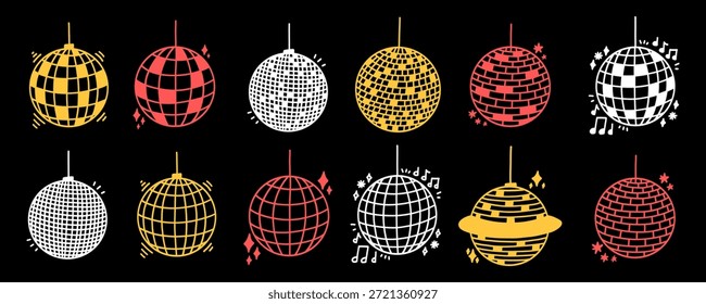 Bunte Disco Ball Glitter Vektor mit Spiegel Globus Set. Disco Ball Light für Party oder Club Kit. Doodle-Vektorgrafik
