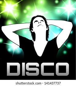 Colorful Disco party poster with girl looking up