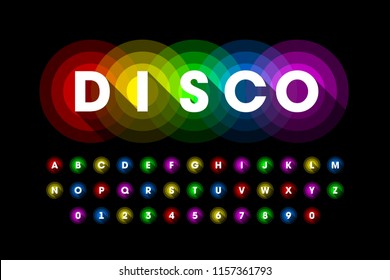 Colorful disco style font design, alphabet letters and numbers vector illustration