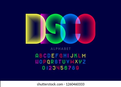 Colorful disco style font design, alphabet letters and numbers vector illustration