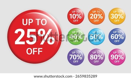 Colorful Discount Badge Set – Vector Sale Stickers with 10, 20, 30, 40, 50, 60, 70, 80, 90% Off for Promotion, Marketing, Banner, and Clearance Advertisements.